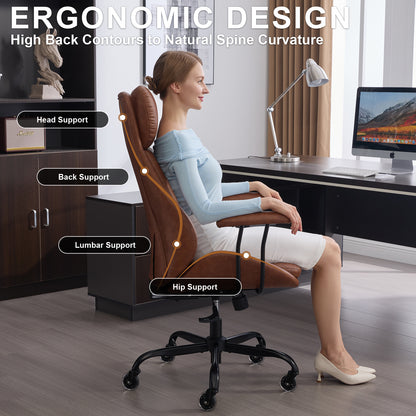 E-Motie Home Office Desk Chair, Ergonomic Computer Chair with Lumbar Support and Head Support, High Back Office Chair with Armrests, Adjustable Height, Rubber Casters, PU Leather