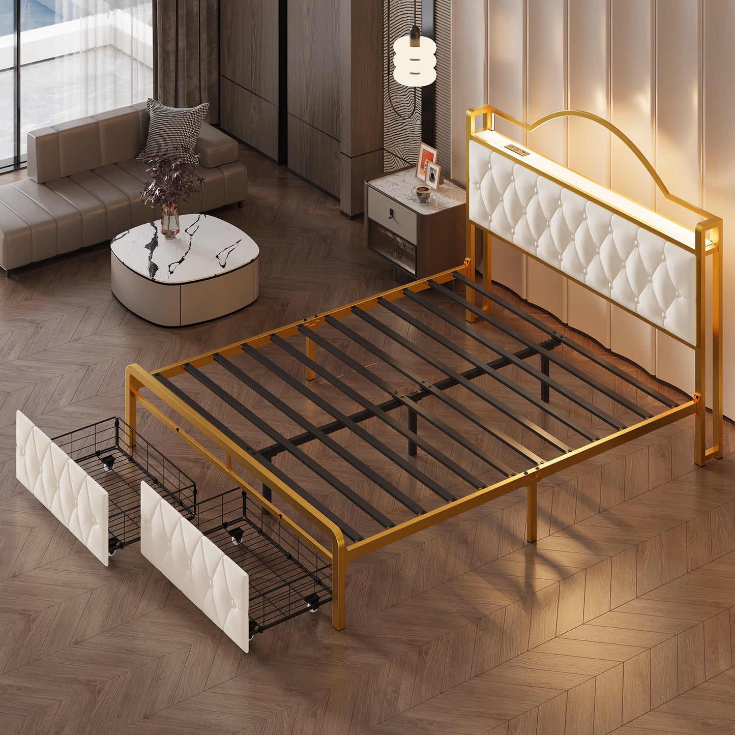 E-motie Bed Frame with 2 Storage Drawers, Upholstered Platform Bed with LED Light & Charging Station, Diamond Tufted Upholstered Headboard