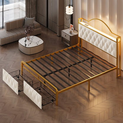 E-motie Bed Frame with 2 Storage Drawers, Upholstered Platform Bed with LED Light & Charging Station, Diamond Tufted Upholstered Headboard