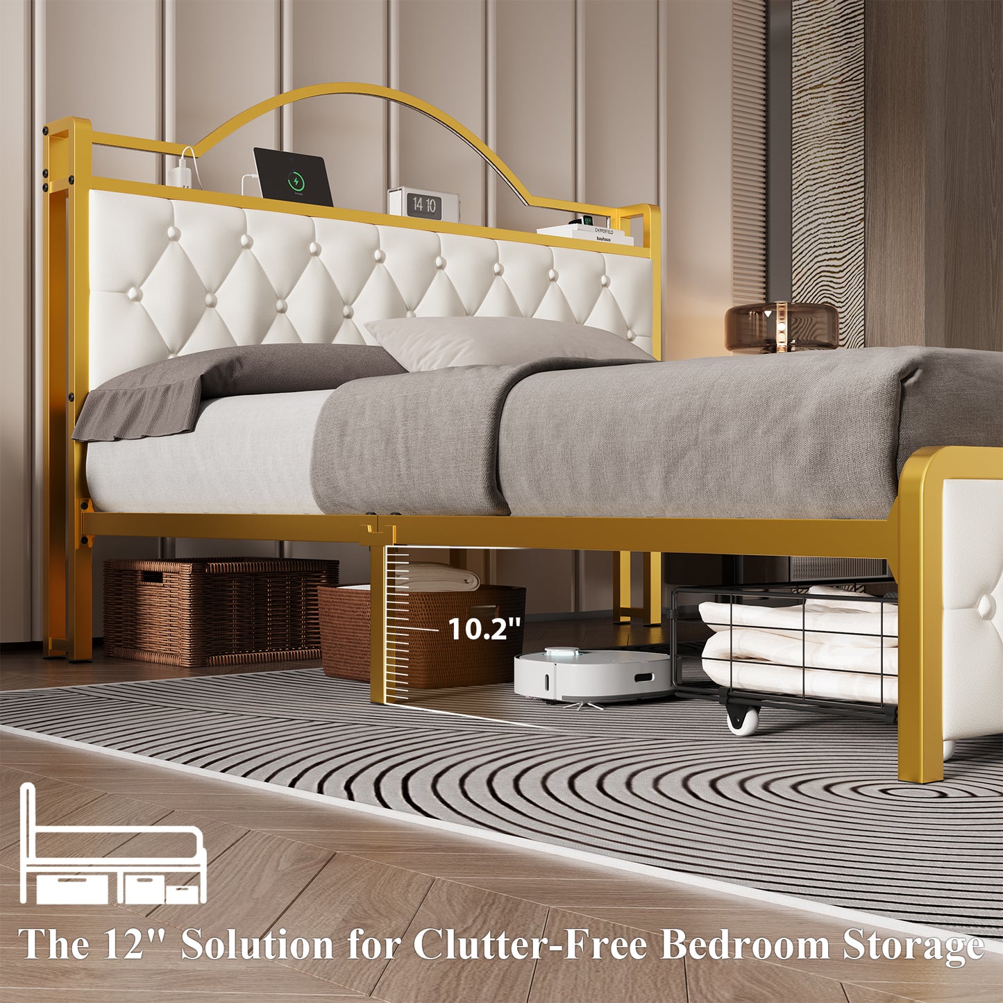 E-motie Bed Frame with 2 Storage Drawers, Upholstered Platform Bed with LED Light & Charging Station, Diamond Tufted Upholstered Headboard