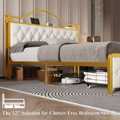 E-motie Bed Frame with 2 Storage Drawers, Upholstered Platform Bed with LED Light & Charging Station, Diamond Tufted Upholstered Headboard