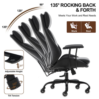 E-Motie Home Office Desk Chair, Ergonomic Computer Chair with Lumbar Support and Head Support, High Back Office Chair with Armrests, Adjustable Height, Rubber Casters, PU Leather