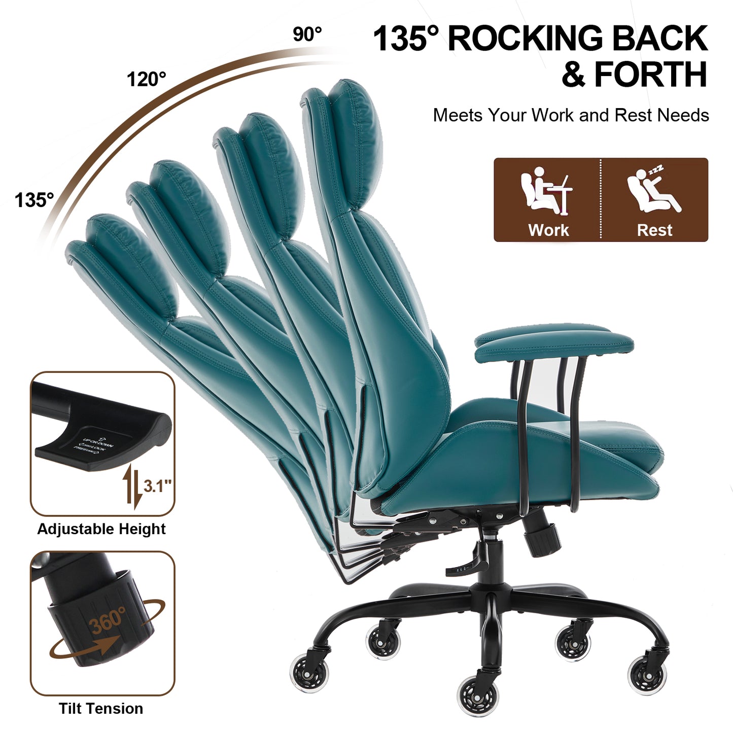 E-Motie Home Office Desk Chair, Ergonomic Computer Chair with Lumbar Support and Head Support, High Back Office Chair with Armrests, Adjustable Height, Rubber Casters, PU Leather