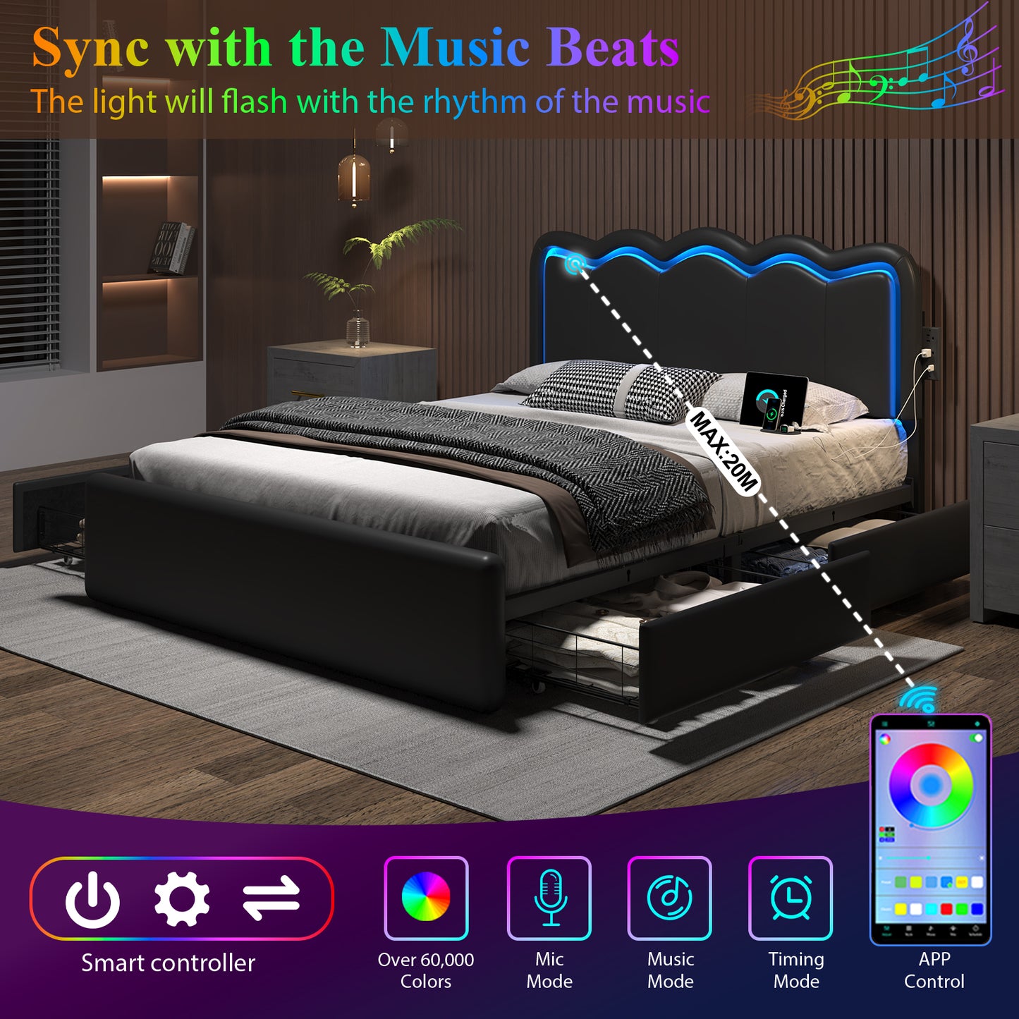 Bed Frame with 4 Storage Drawers and LED Lights, Upholstered Platform Bed with Adjustable Chic Double Wavy Headboard, Charging Station, Metal Slats Support, No Box Spring Needed
