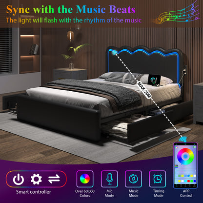 Bed Frame with 4 Storage Drawers and LED Lights, Upholstered Platform Bed with Adjustable Chic Double Wavy Headboard, Charging Station, Metal Slats Support, No Box Spring Needed