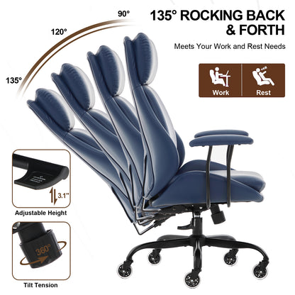 E-Motie Home Office Desk Chair, Ergonomic Computer Chair with Lumbar Support and Head Support, High Back Office Chair with Armrests, Adjustable Height, Rubber Casters, PU Leather