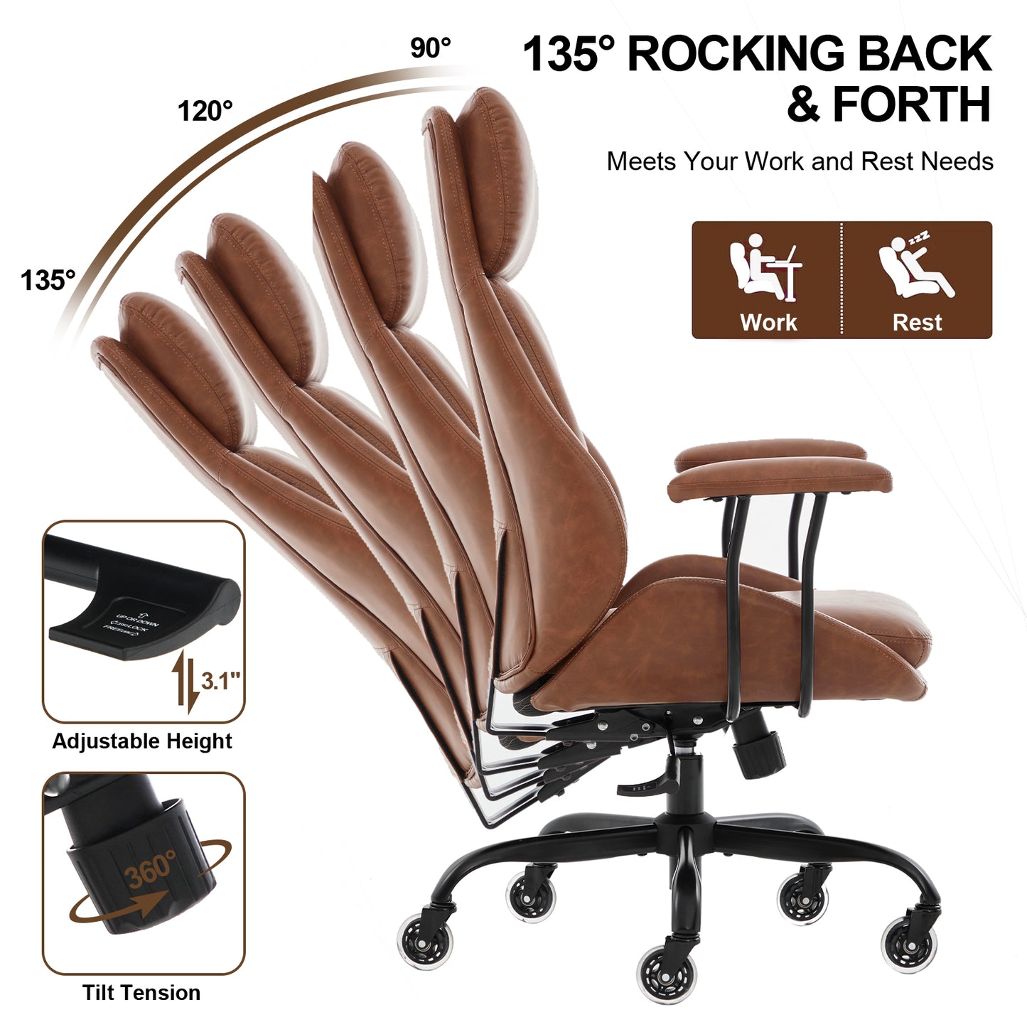 E-Motie Home Office Desk Chair, Ergonomic Computer Chair with Lumbar Support and Head Support, High Back Office Chair with Armrests, Adjustable Height, Rubber Casters, PU Leather