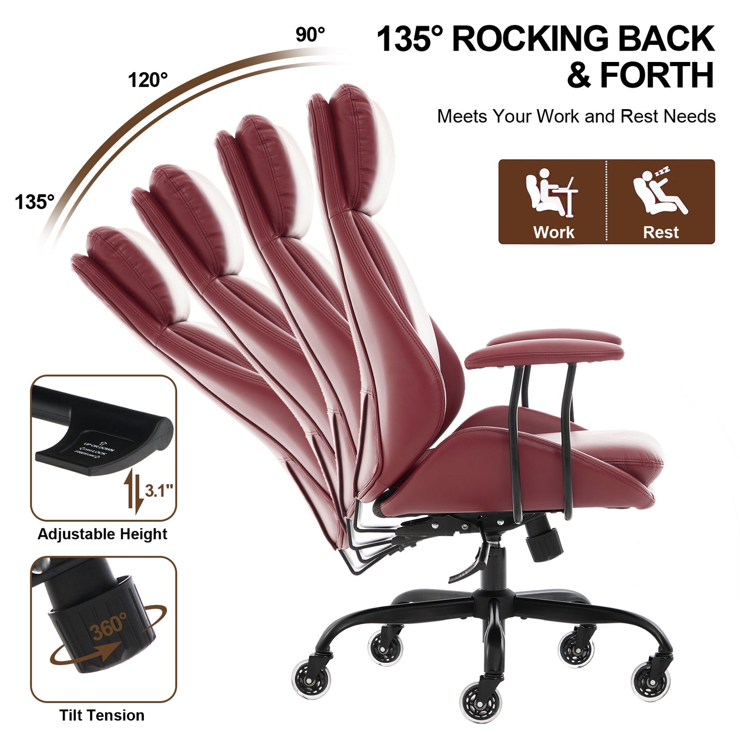 E-Motie Home Office Desk Chair, Ergonomic Computer Chair with Lumbar Support and Head Support, High Back Office Chair with Armrests, Adjustable Height, Rubber Casters, PU Leather