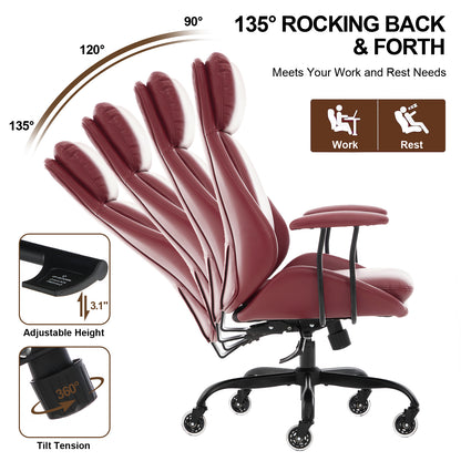 E-Motie Home Office Desk Chair, Ergonomic Computer Chair with Lumbar Support and Head Support, High Back Office Chair with Armrests, Adjustable Height, Rubber Casters, PU Leather