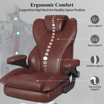 Ergonomic Leather Office Chair with High Grade Nylon Wheel, High Back Computer Chair, Adjustable Seat Height, 360°Rotation, Smooth and Noiseless