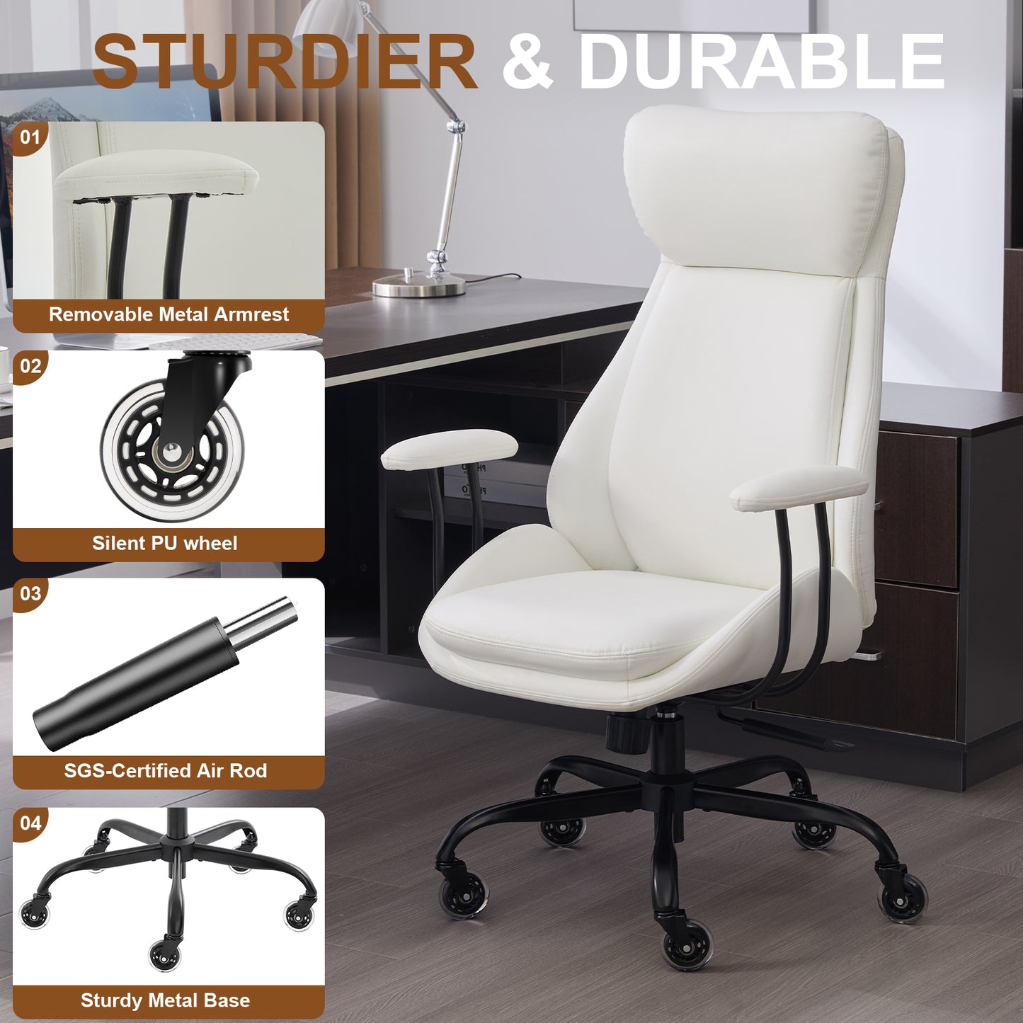 E-Motie Home Office Desk Chair, Ergonomic Computer Chair with Lumbar Support and Head Support, High Back Office Chair with Armrests, Adjustable Height, Rubber Casters, PU Leather