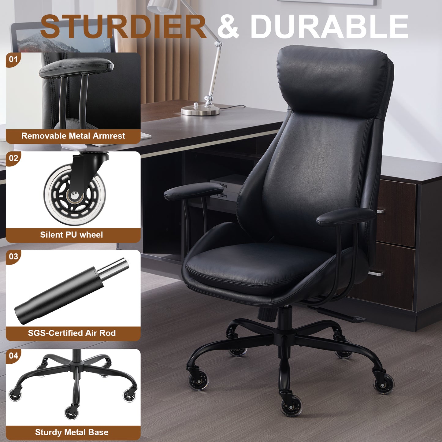 E-Motie Home Office Desk Chair, Ergonomic Computer Chair with Lumbar Support and Head Support, High Back Office Chair with Armrests, Adjustable Height, Rubber Casters, PU Leather