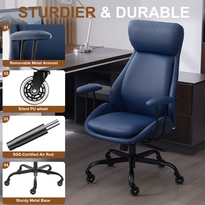 E-Motie Home Office Desk Chair, Ergonomic Computer Chair with Lumbar Support and Head Support, High Back Office Chair with Armrests, Adjustable Height, Rubber Casters, PU Leather