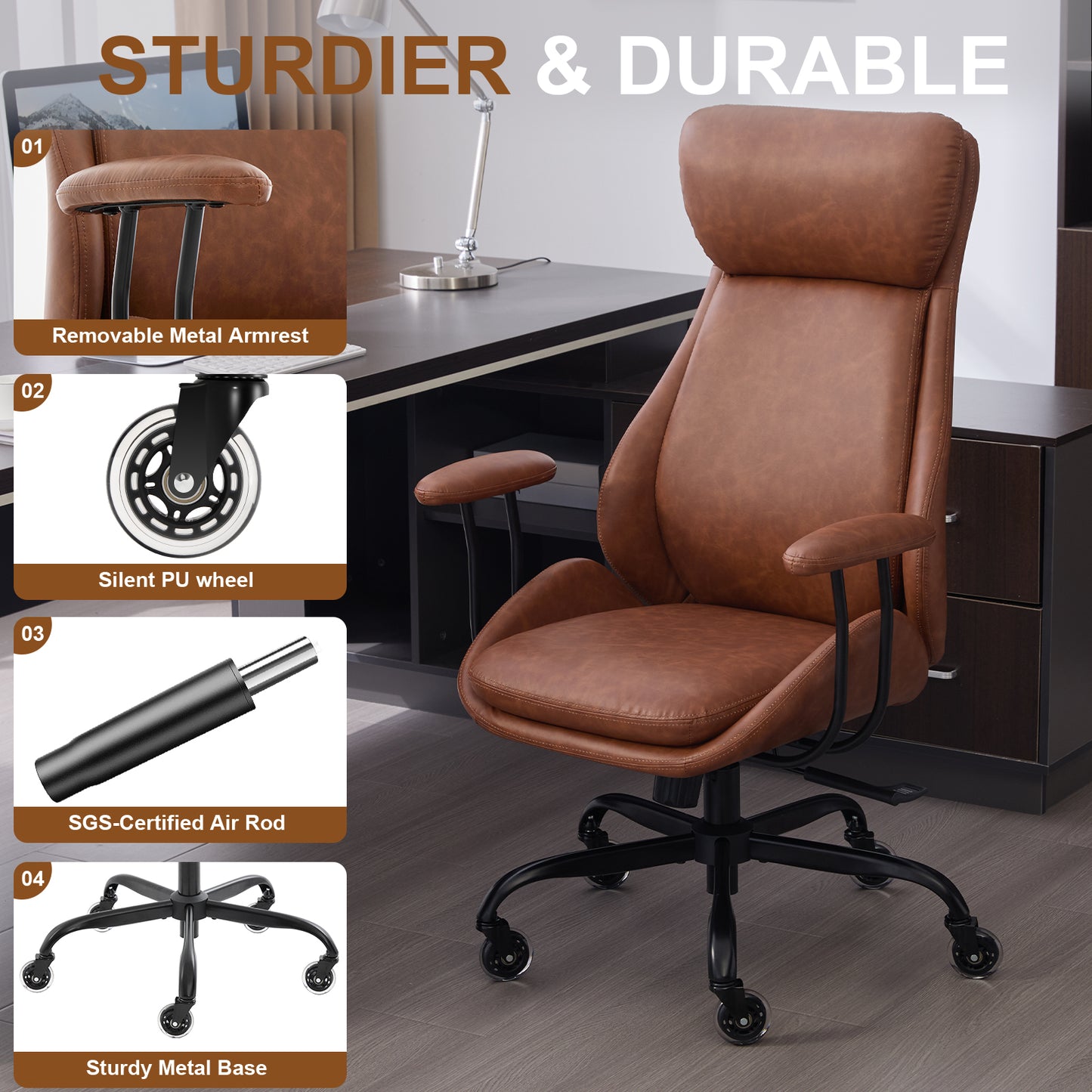 E-Motie Home Office Desk Chair, Ergonomic Computer Chair with Lumbar Support and Head Support, High Back Office Chair with Armrests, Adjustable Height, Rubber Casters, PU Leather
