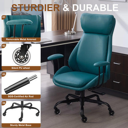 E-Motie Home Office Desk Chair, Ergonomic Computer Chair with Lumbar Support and Head Support, High Back Office Chair with Armrests, Adjustable Height, Rubber Casters, PU Leather