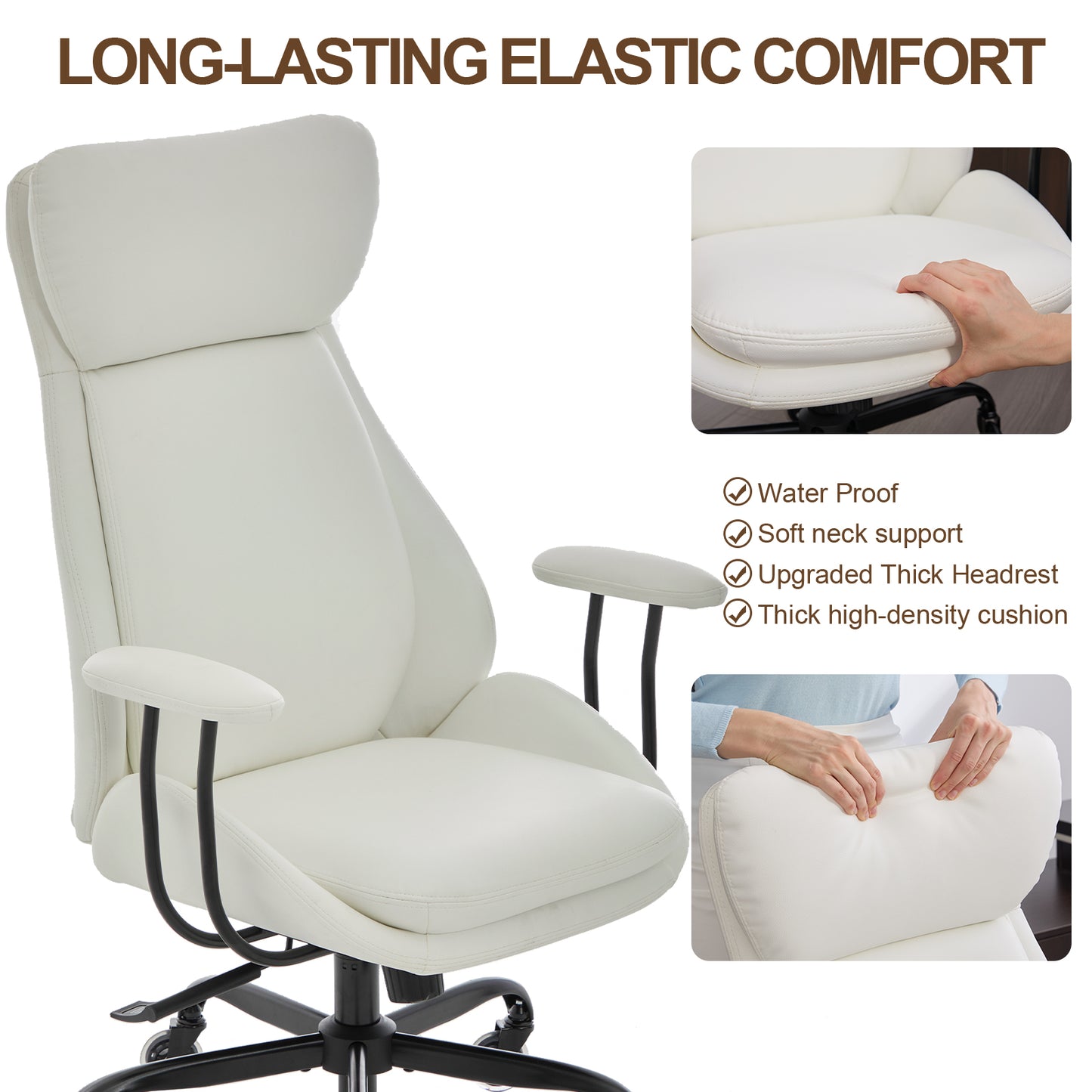 E-Motie Home Office Desk Chair, Ergonomic Computer Chair with Lumbar Support and Head Support, High Back Office Chair with Armrests, Adjustable Height, Rubber Casters, PU Leather