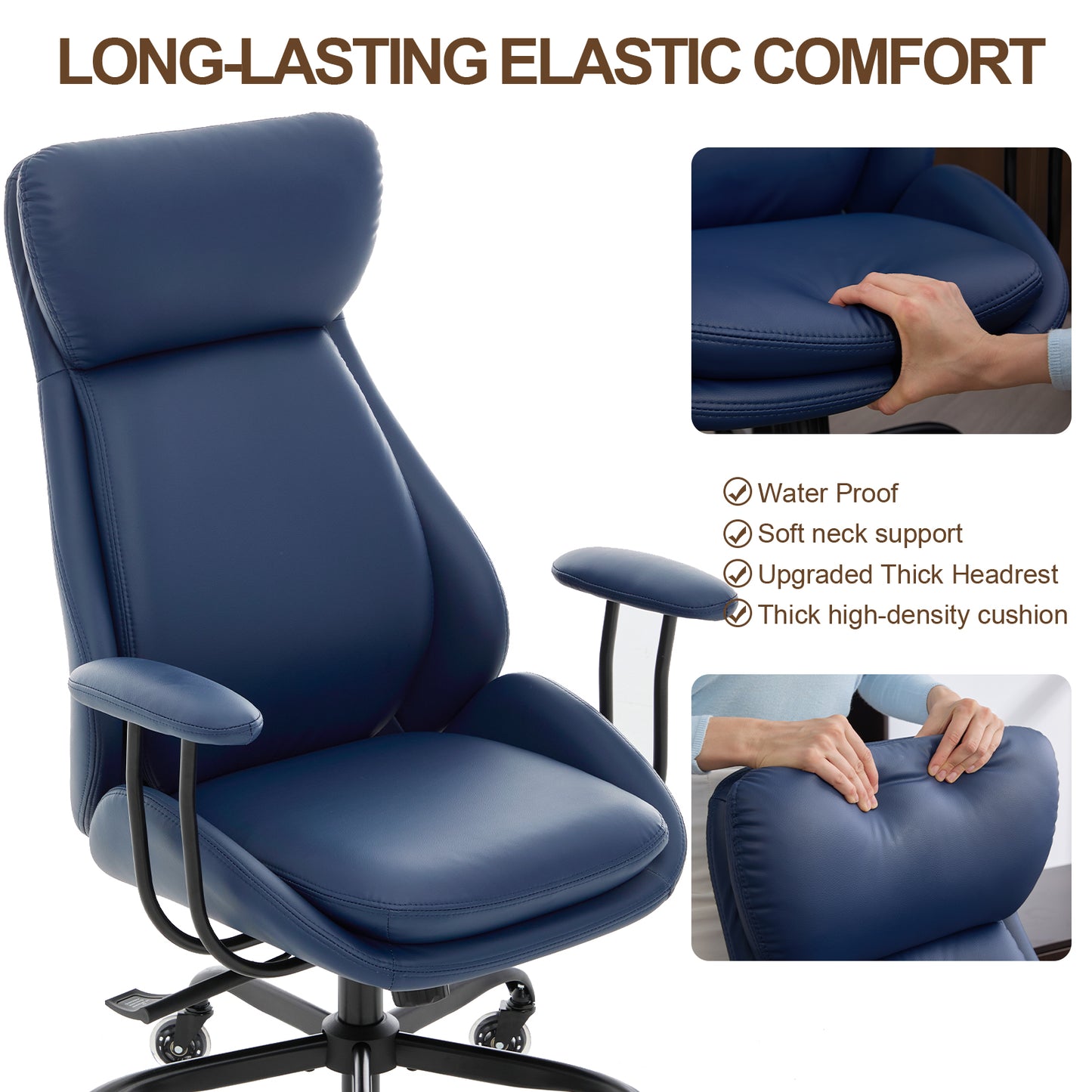 E-Motie Home Office Desk Chair, Ergonomic Computer Chair with Lumbar Support and Head Support, High Back Office Chair with Armrests, Adjustable Height, Rubber Casters, PU Leather