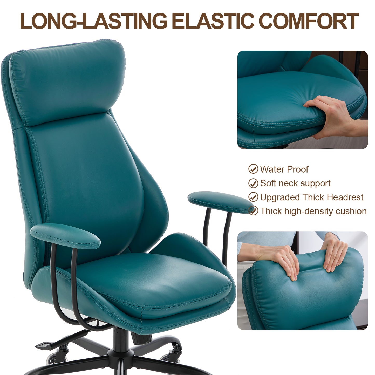 E-Motie Home Office Desk Chair, Ergonomic Computer Chair with Lumbar Support and Head Support, High Back Office Chair with Armrests, Adjustable Height, Rubber Casters, PU Leather