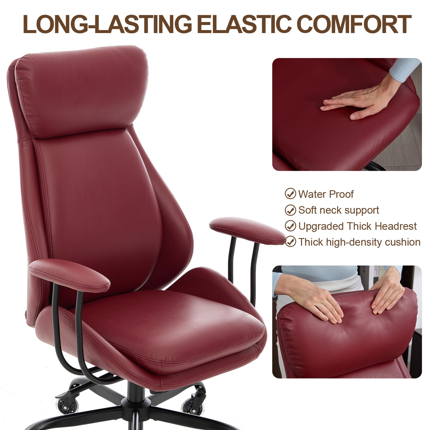 E-Motie Home Office Desk Chair, Ergonomic Computer Chair with Lumbar Support and Head Support, High Back Office Chair with Armrests, Adjustable Height, Rubber Casters, PU Leather
