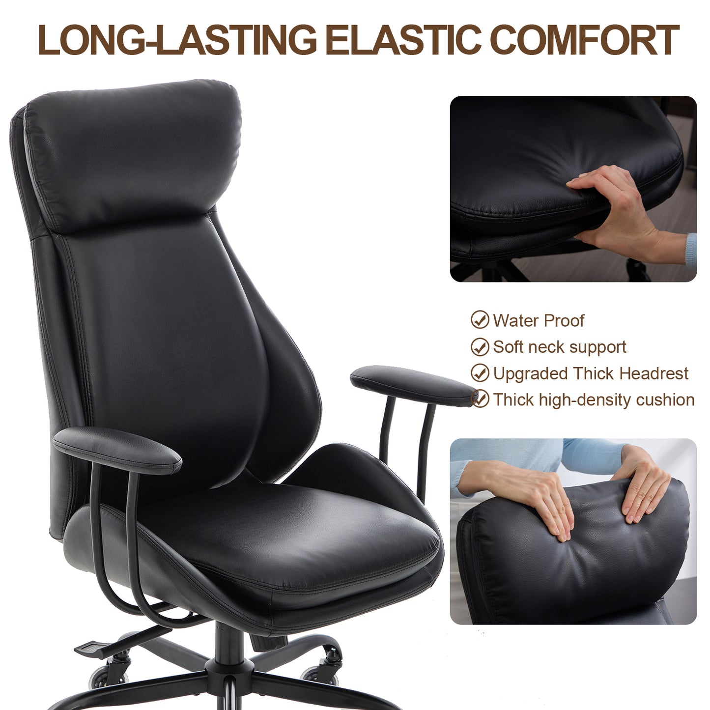 E-Motie Home Office Desk Chair, Ergonomic Computer Chair with Lumbar Support and Head Support, High Back Office Chair with Armrests, Adjustable Height, Rubber Casters, PU Leather