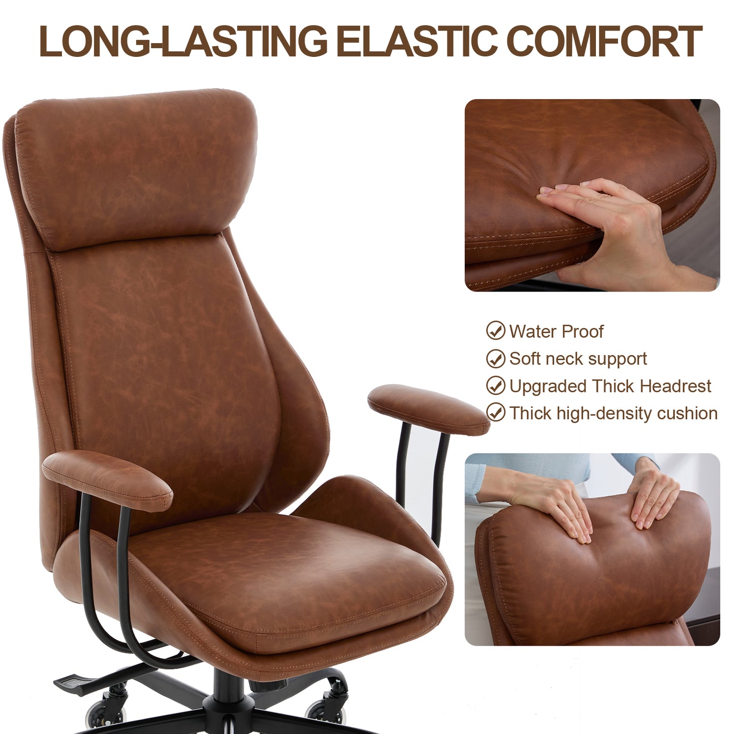 E-Motie Home Office Desk Chair, Ergonomic Computer Chair with Lumbar Support and Head Support, High Back Office Chair with Armrests, Adjustable Height, Rubber Casters, PU Leather