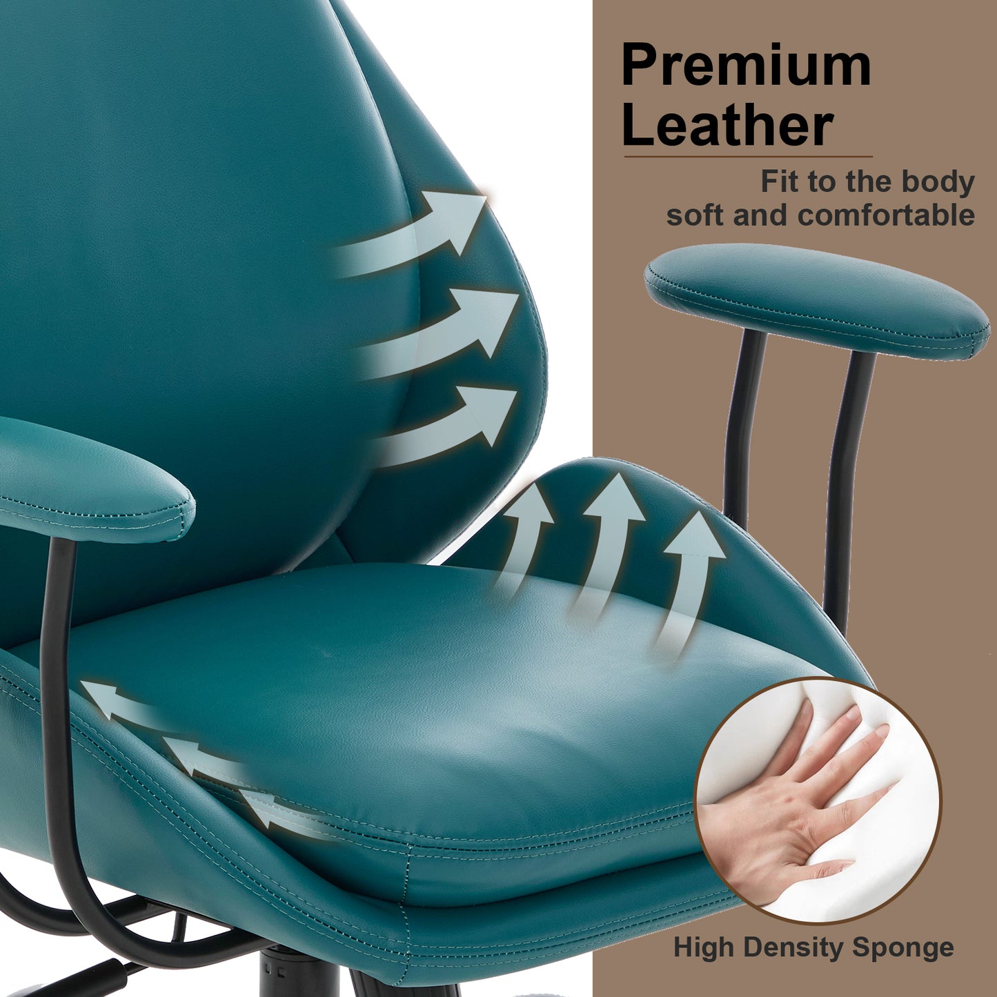 E-Motie Home Office Desk Chair, Ergonomic Computer Chair with Lumbar Support and Head Support, High Back Office Chair with Armrests, Adjustable Height, Rubber Casters, PU Leather