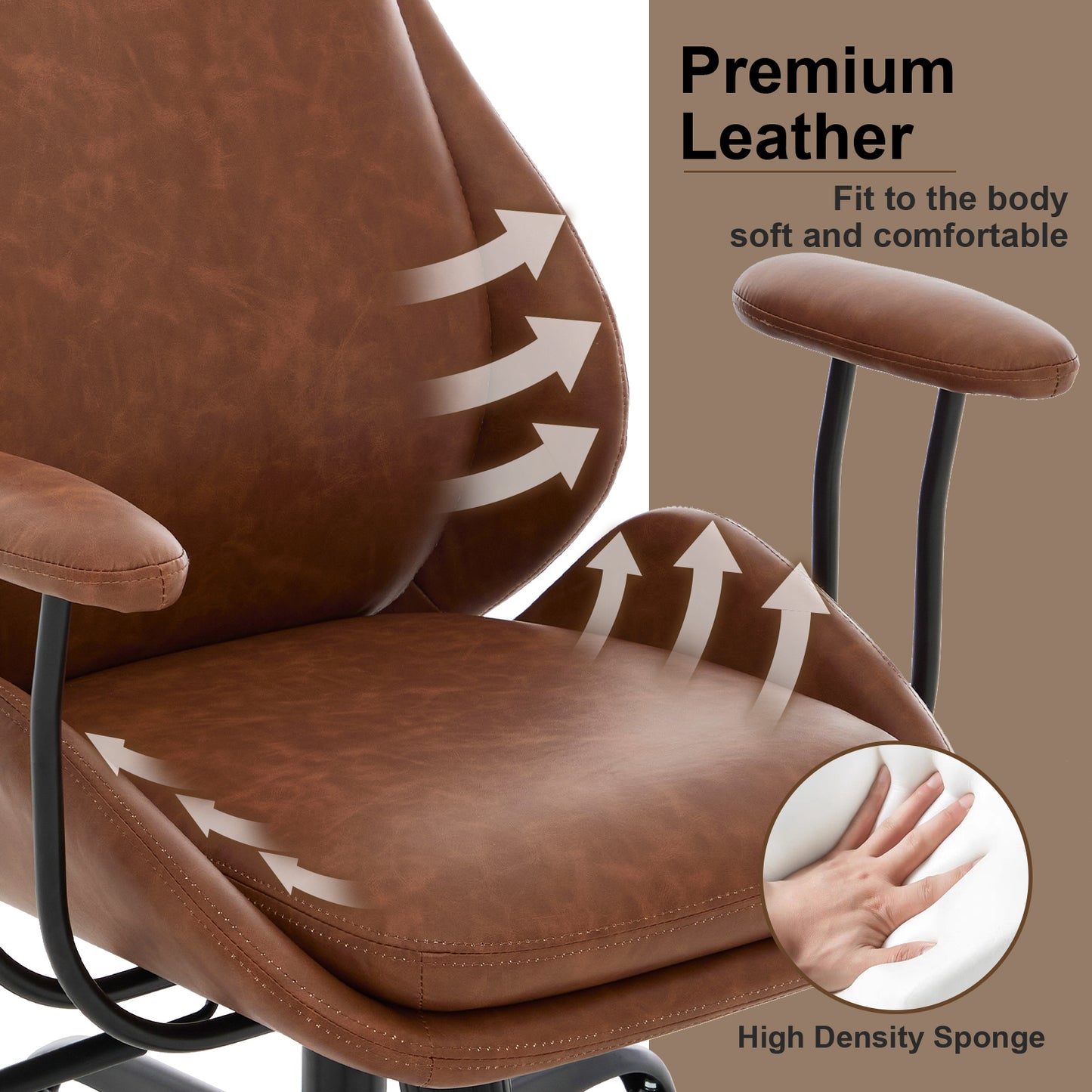 E-Motie Home Office Desk Chair, Ergonomic Computer Chair with Lumbar Support and Head Support, High Back Office Chair with Armrests, Adjustable Height, Rubber Casters, PU Leather