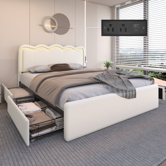 Bed Frame with 4 Storage Drawers and LED Lights, Upholstered Platform Bed with Adjustable Chic Double Wavy Headboard, Charging Station, Metal Slats Support, No Box Spring Needed