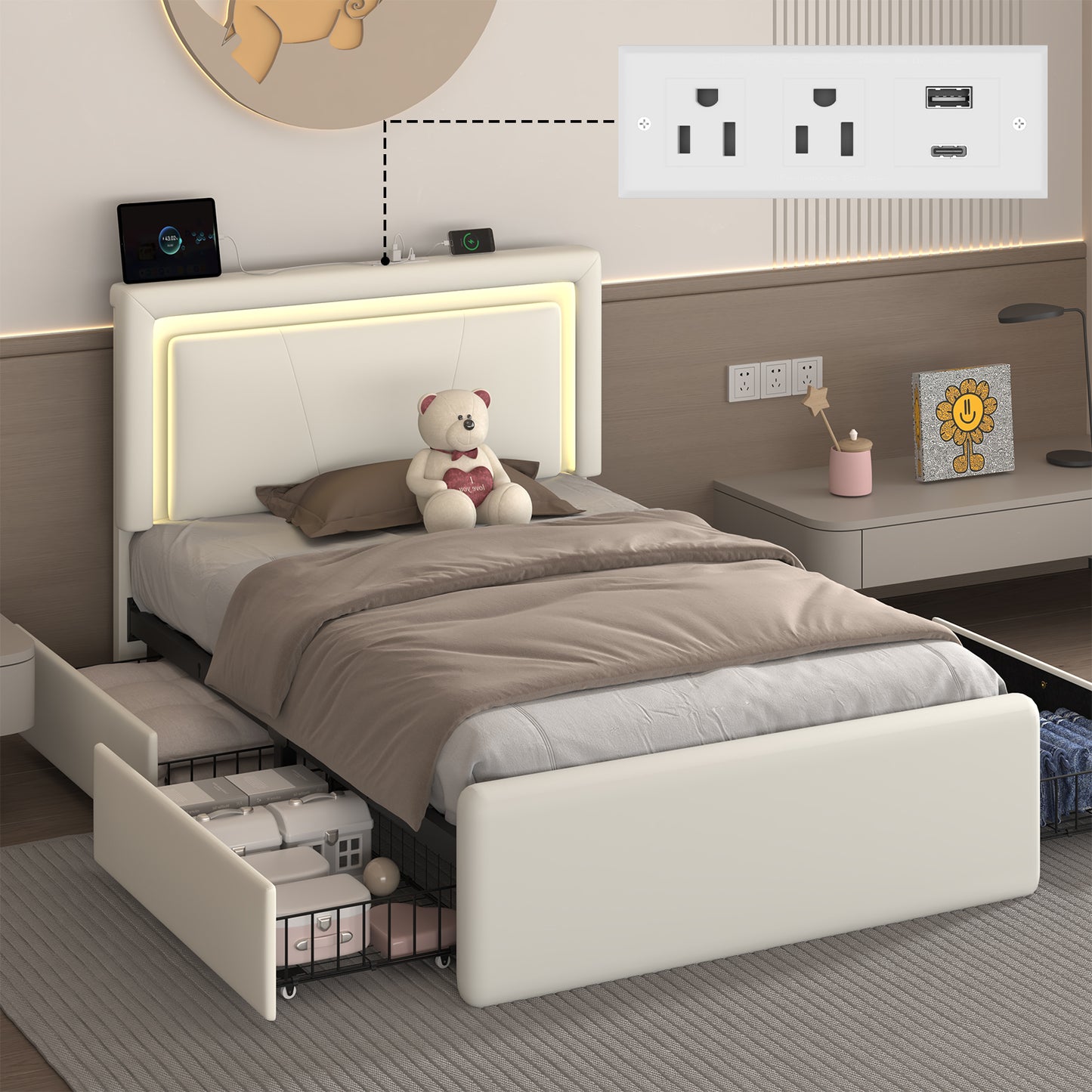 Upholstered Bed Frame with Adjustable Headboard, Upholstered Platform LED Lights Bed Frame with Charging Station