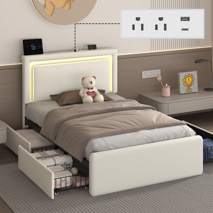 Upholstered Bed Frame with Adjustable Headboard, Upholstered Platform LED Lights Bed Frame with Charging Station