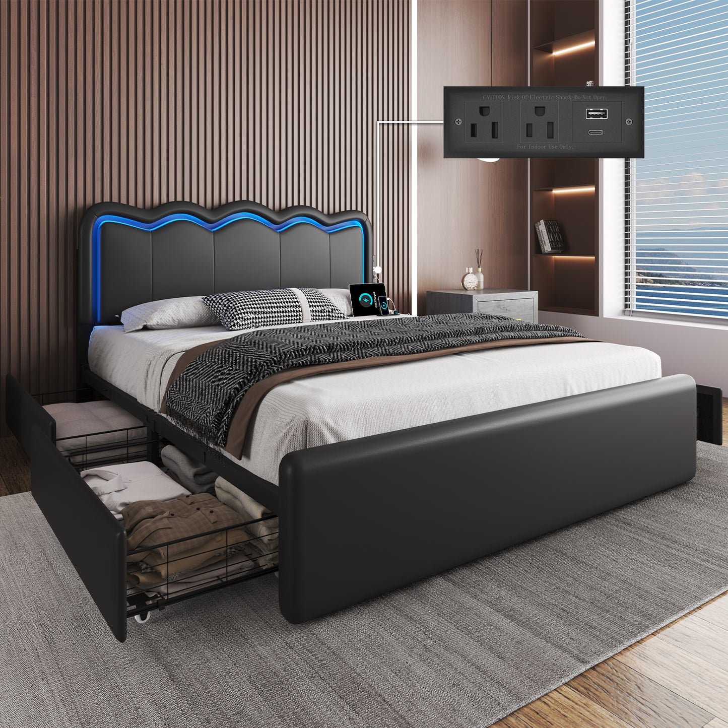 Bed Frame with 4 Storage Drawers and LED Lights, Upholstered Platform Bed with Adjustable Chic Double Wavy Headboard, Charging Station, Metal Slats Support, No Box Spring Needed