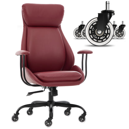 E-Motie Home Office Desk Chair, Ergonomic Computer Chair with Lumbar Support and Head Support, High Back Office Chair with Armrests, Adjustable Height, Rubber Casters, PU Leather