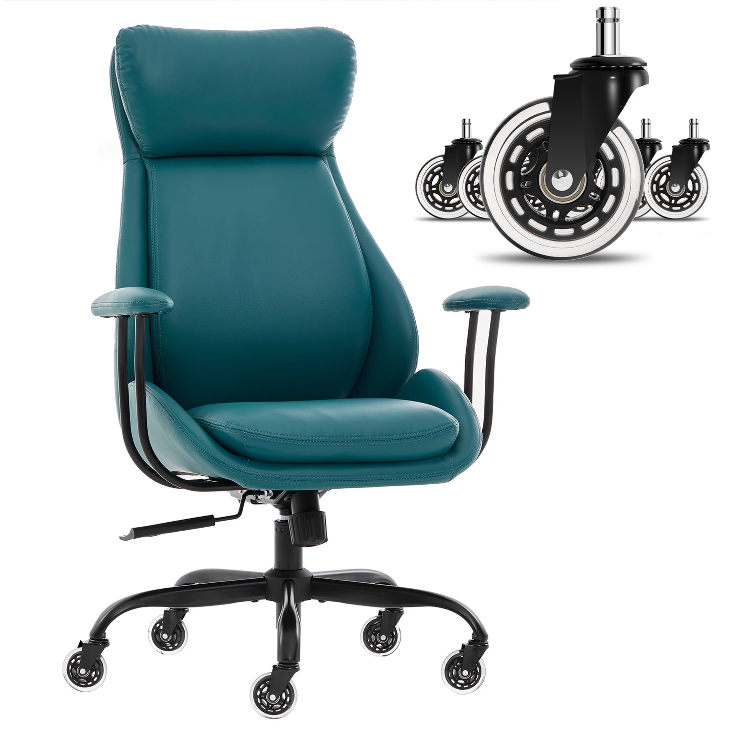 E-Motie Home Office Desk Chair, Ergonomic Computer Chair with Lumbar Support and Head Support, High Back Office Chair with Armrests, Adjustable Height, Rubber Casters, PU Leather
