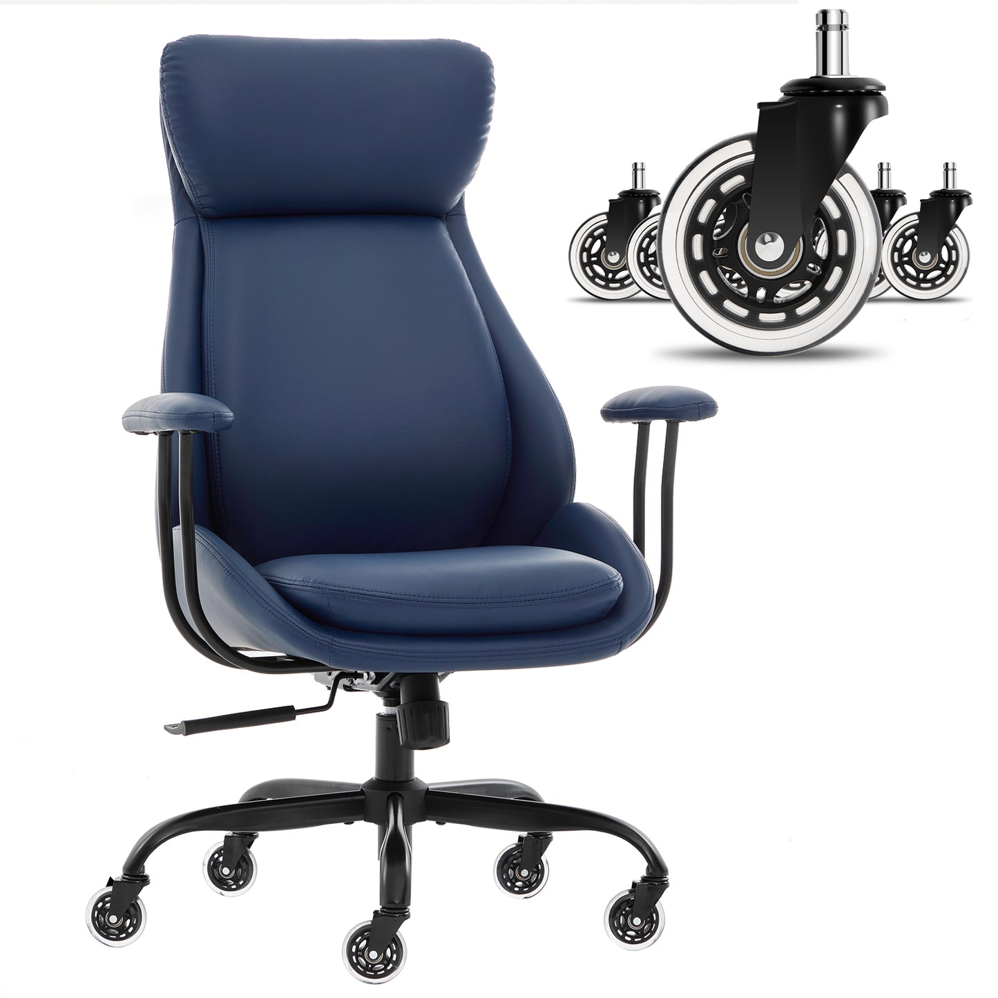E-Motie Home Office Desk Chair, Ergonomic Computer Chair with Lumbar Support and Head Support, High Back Office Chair with Armrests, Adjustable Height, Rubber Casters, PU Leather