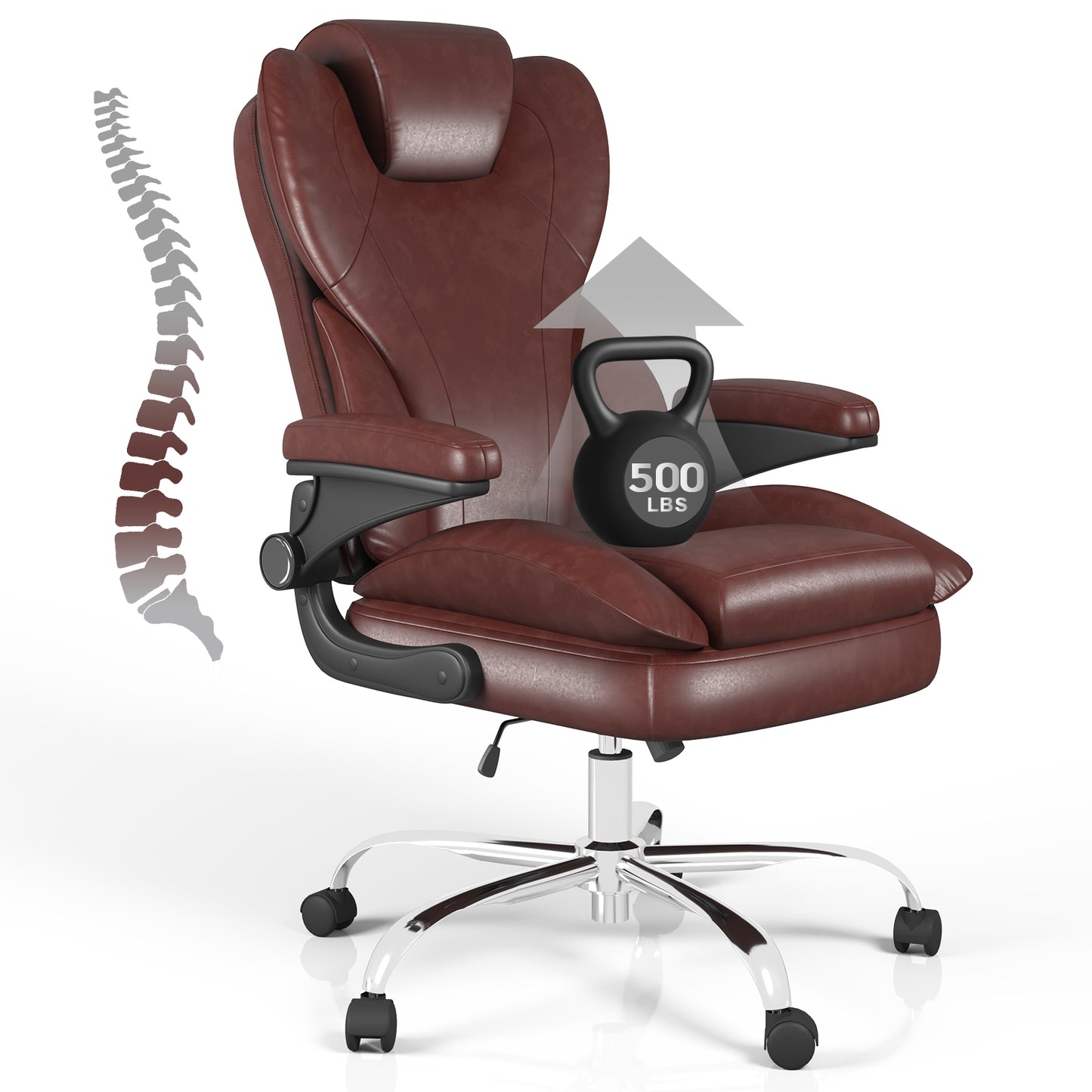 Ergonomic Leather Office Chair with High Grade Nylon Wheel, High Back Computer Chair, Adjustable Seat Height, 360°Rotation, Smooth and Noiseless