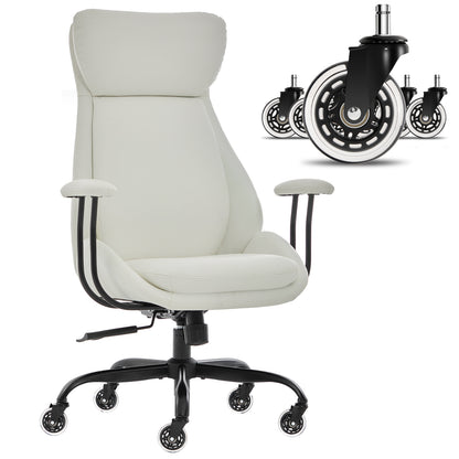 E-Motie Home Office Desk Chair, Ergonomic Computer Chair with Lumbar Support and Head Support, High Back Office Chair with Armrests, Adjustable Height, Rubber Casters, PU Leather