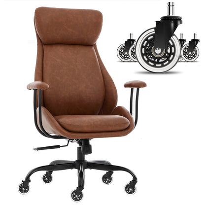 E-Motie Home Office Desk Chair, Ergonomic Computer Chair with Lumbar Support and Head Support, High Back Office Chair with Armrests, Adjustable Height, Rubber Casters, PU Leather