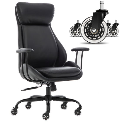 E-Motie Home Office Desk Chair, Ergonomic Computer Chair with Lumbar Support and Head Support, High Back Office Chair with Armrests, Adjustable Height, Rubber Casters, PU Leather