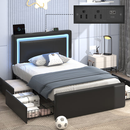 Upholstered Bed Frame with Adjustable Headboard, Upholstered Platform LED Lights Bed Frame with Charging Station