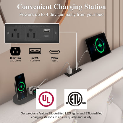 E-motie Upholstered LED Bed Frame, Wingback Crystal Button Tufted, LED&Charging Station