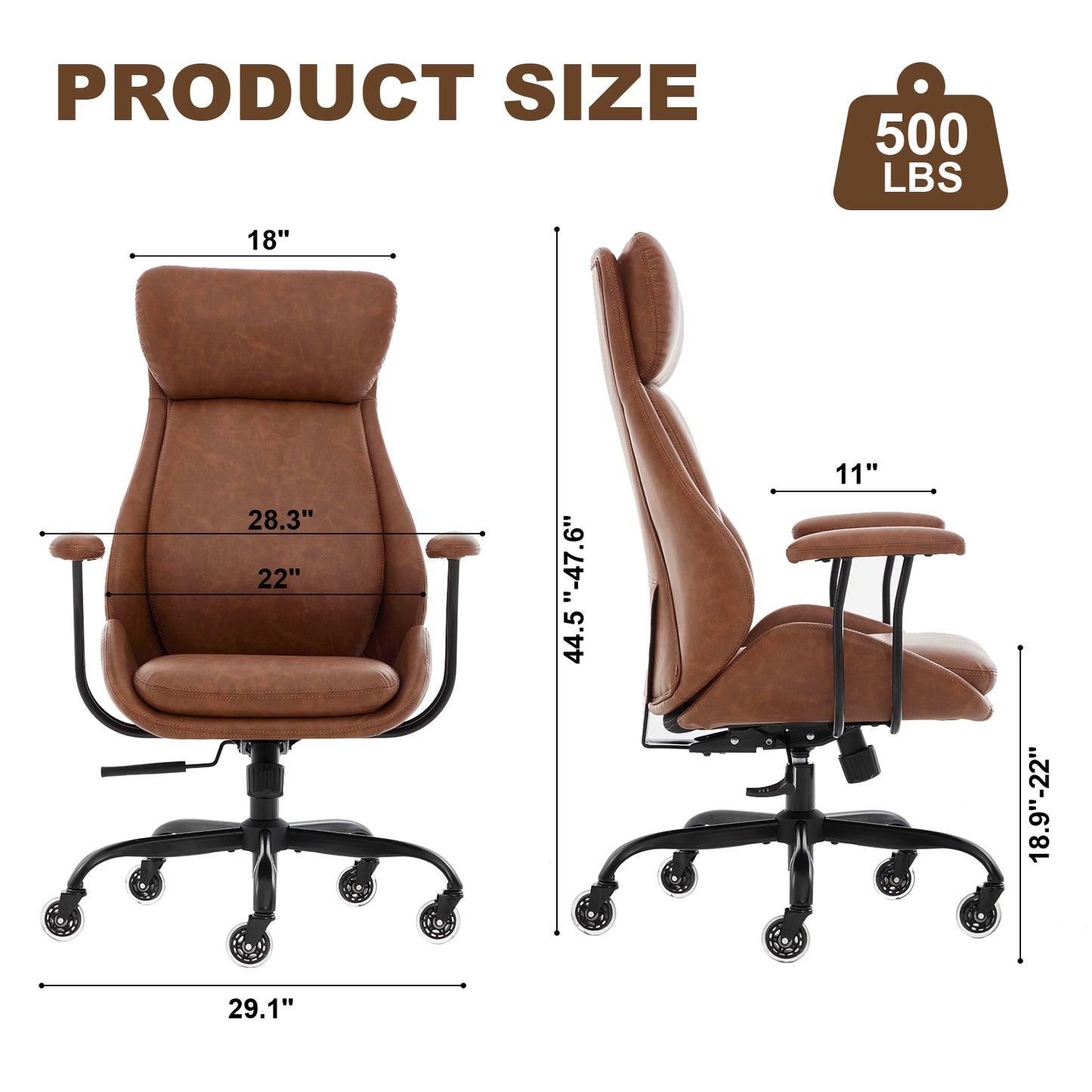 E-Motie Home Office Desk Chair, Ergonomic Computer Chair with Lumbar Support and Head Support, High Back Office Chair with Armrests, Adjustable Height, Rubber Casters, PU Leather