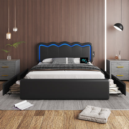 Bed Frame with 4 Storage Drawers and LED Lights, Upholstered Platform Bed with Adjustable Chic Double Wavy Headboard, Charging Station, Metal Slats Support, No Box Spring Needed