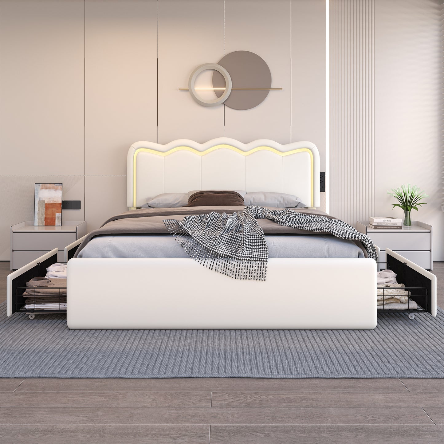 Bed Frame with 4 Storage Drawers and LED Lights, Upholstered Platform Bed with Adjustable Chic Double Wavy Headboard, Charging Station, Metal Slats Support, No Box Spring Needed