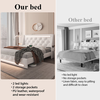 E-motie Upholstered LED Bed Frame, Wingback Crystal Button Tufted, LED&Charging Station