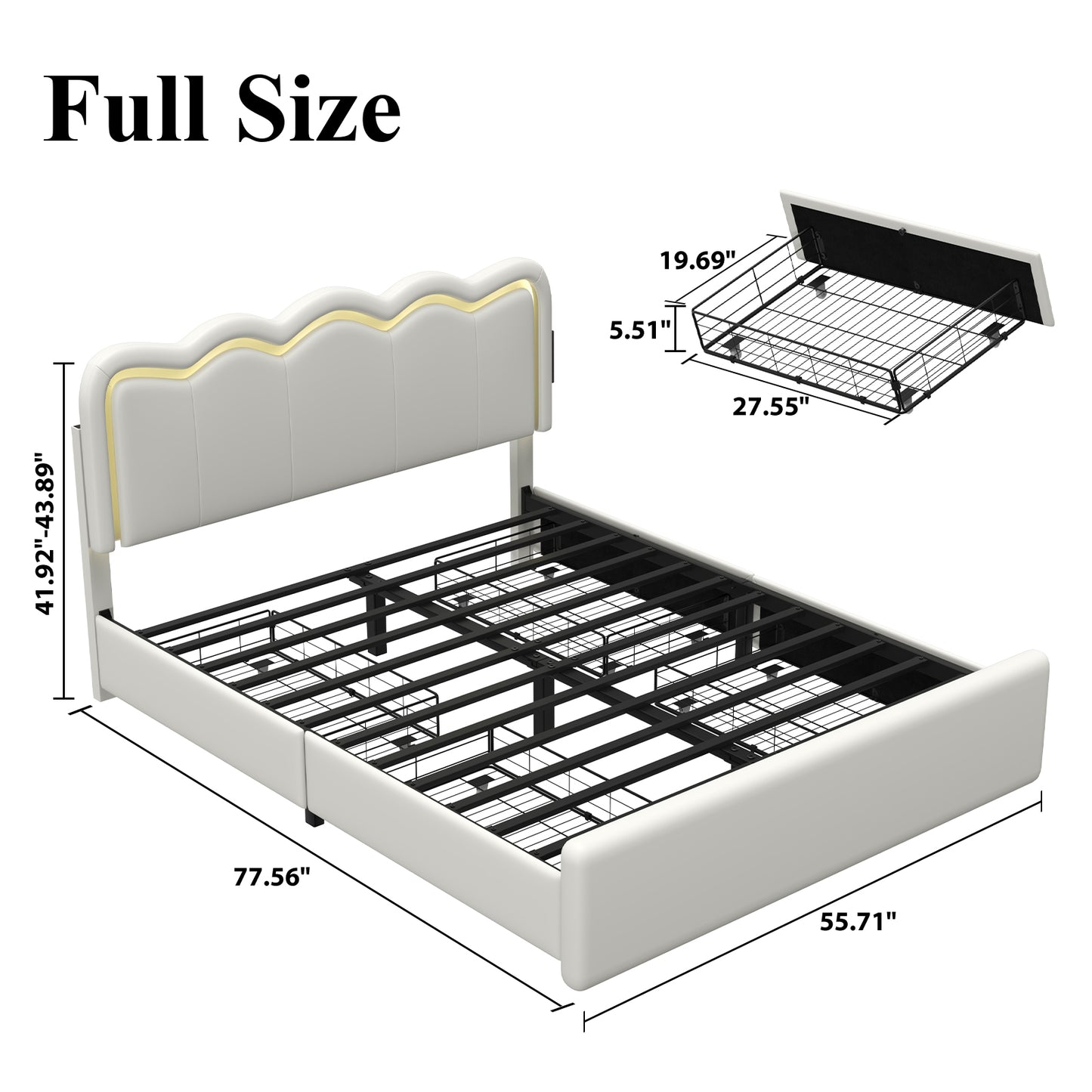 Bed Frame with 4 Storage Drawers and LED Lights, Upholstered Platform Bed with Adjustable Chic Double Wavy Headboard, Charging Station, Metal Slats Support, No Box Spring Needed