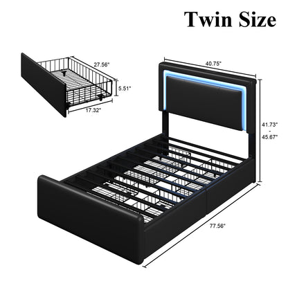 Upholstered Bed Frame with Adjustable Headboard, Upholstered Platform LED Lights Bed Frame with Charging Station