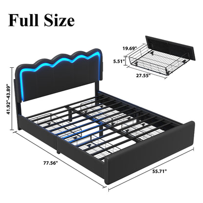 Bed Frame with 4 Storage Drawers and LED Lights, Upholstered Platform Bed with Adjustable Chic Double Wavy Headboard, Charging Station, Metal Slats Support, No Box Spring Needed