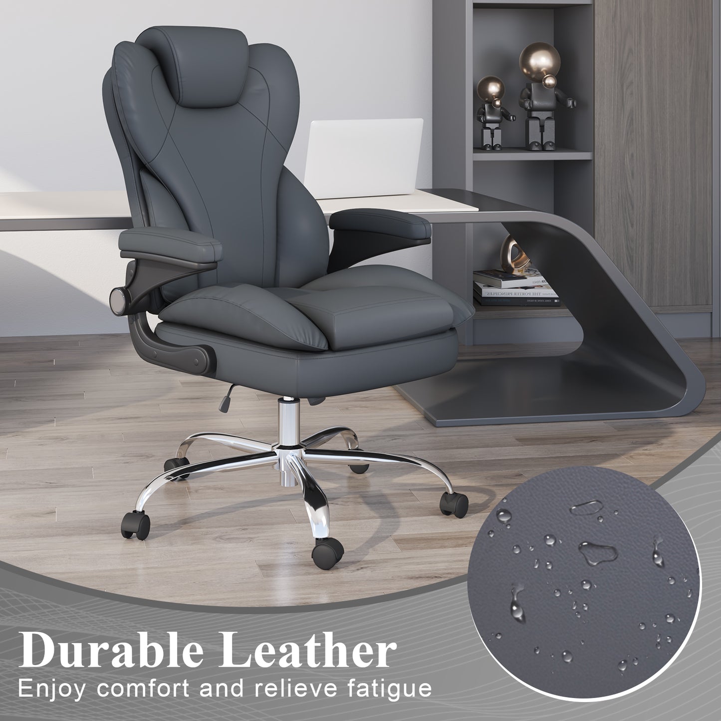 Ergonomic Leather Office Chair with High Grade Nylon Wheel, High Back Computer Chair, Adjustable Seat Height, 360°Rotation, Smooth and Noiseless