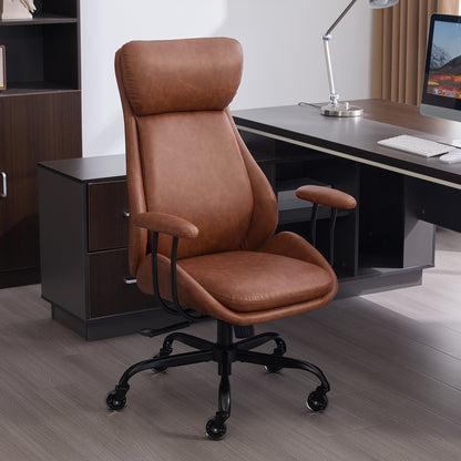 E-Motie Home Office Desk Chair, Ergonomic Computer Chair with Lumbar Support and Head Support, High Back Office Chair with Armrests, Adjustable Height, Rubber Casters, PU Leather