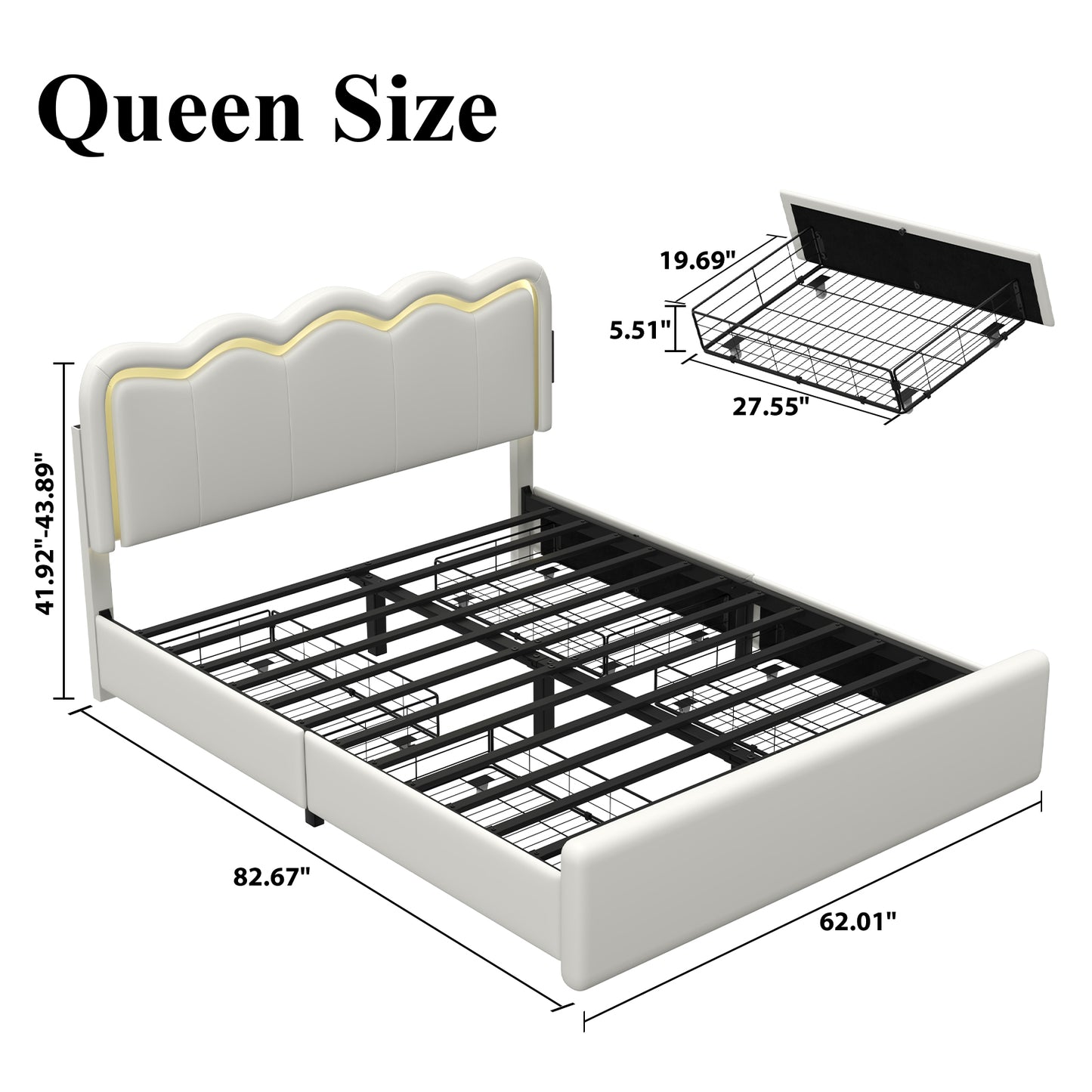 Bed Frame with 4 Storage Drawers and LED Lights, Upholstered Platform Bed with Adjustable Chic Double Wavy Headboard, Charging Station, Metal Slats Support, No Box Spring Needed